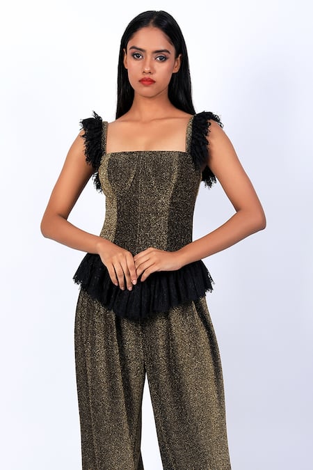 Shop Swatee Singh Gold Lurex Lace Square Neck Corset Top With Pleated Pant Online at Aza Fashions Shop_Swatee Singh_Gold Lurex Lace Square Neck Corset Top With Pleated Pant _Online_at_Aza_Fashions