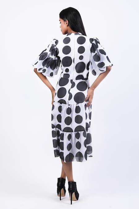 Shop_Swatee Singh_Black Georgette Collared Polka Dot Print Dress _at_Aza_Fashions