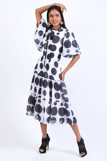 Swatee Singh_Black Georgette Collared Polka Dot Print Dress _Online_at_Aza_Fashions