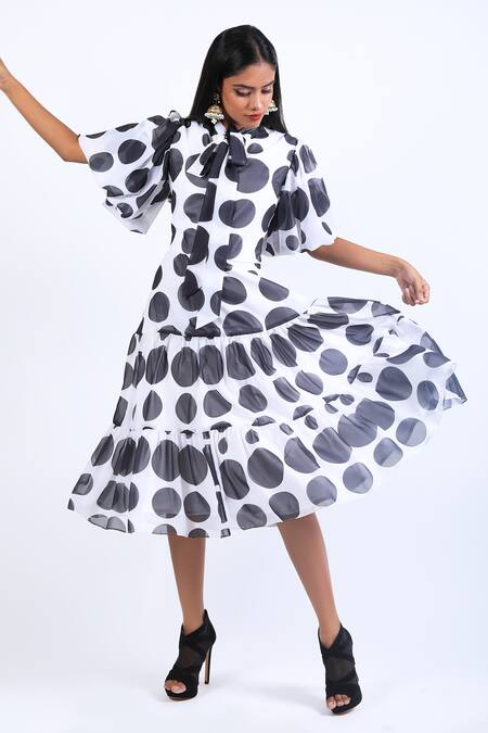 Shop_Swatee Singh_Black Georgette Collared Polka Dot Print Dress _Online_at_Aza_Fashions