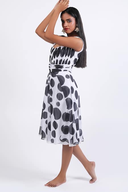 Shop Swatee Singh Black Georgette Square Neck Polka Dot Pattern Dress Online at Aza Fashions Shop_Swatee Singh_Black Georgette Square Neck Polka Dot Pattern Dress _Online_at_Aza_Fashions