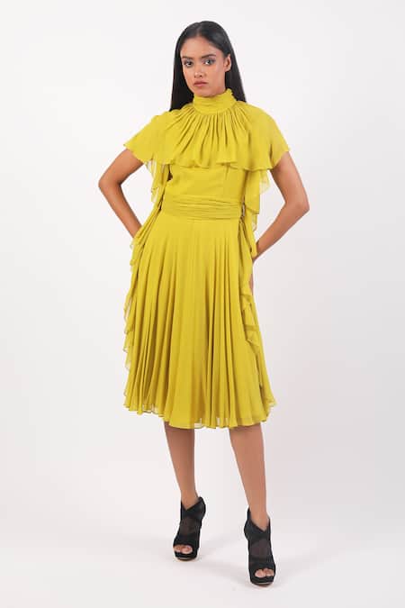 Swatee Singh Yellow Georgette High Neck Solid Ruffled Dress 