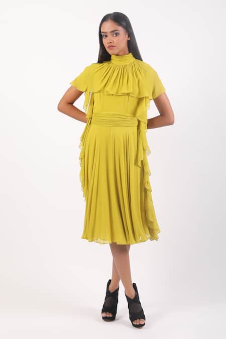 Swatee Singh Yellow Georgette High Neck Solid Ruffled Dress Online at Aza Fashions Swatee Singh_Yellow Georgette High Neck Solid Ruffled Dress _Online_at_Aza_Fashions