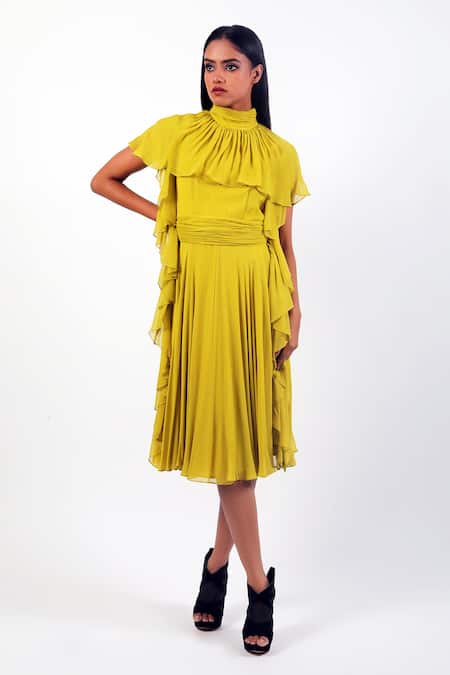 Shop Swatee Singh Yellow Georgette High Neck Solid Ruffled Dress Online at Aza Fashions Shop_Swatee Singh_Yellow Georgette High Neck Solid Ruffled Dress _Online_at_Aza_Fashions