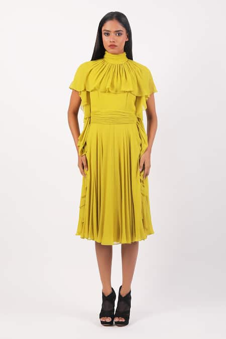 Swatee Singh Yellow Georgette High Neck Solid Ruffled Dress at Aza Fashions Swatee Singh_Yellow Georgette High Neck Solid Ruffled Dress _at_Aza_Fashions