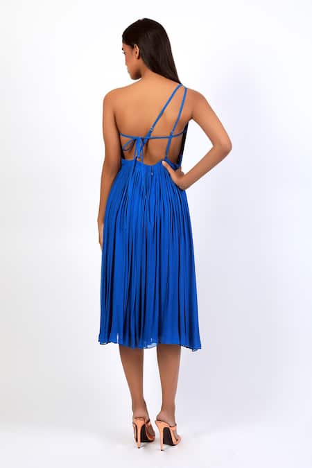 Shop Swatee Singh Blue Georgette One Shoulder Pleated Backless Dress at Aza Fashions Shop_Swatee Singh_Blue Georgette One Shoulder Pleated Backless Dress _at_Aza_Fashions