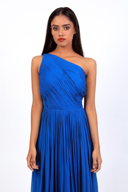 Swatee Singh Blue Georgette One Shoulder Pleated Backless Dress Online at Aza Fashions Swatee Singh_Blue Georgette One Shoulder Pleated Backless Dress _Online_at_Aza_Fashions