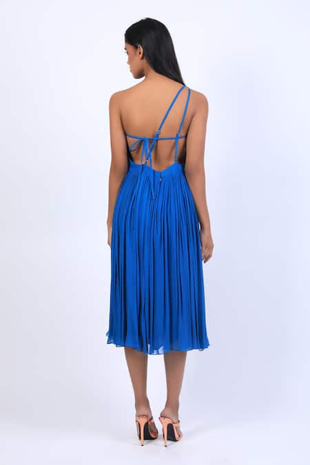 Buy Swatee Singh Blue Georgette One Shoulder Pleated Backless Dress Online at Aza Fashions Buy_Swatee Singh_Blue Georgette One Shoulder Pleated Backless Dress _Online_at_Aza_Fashions