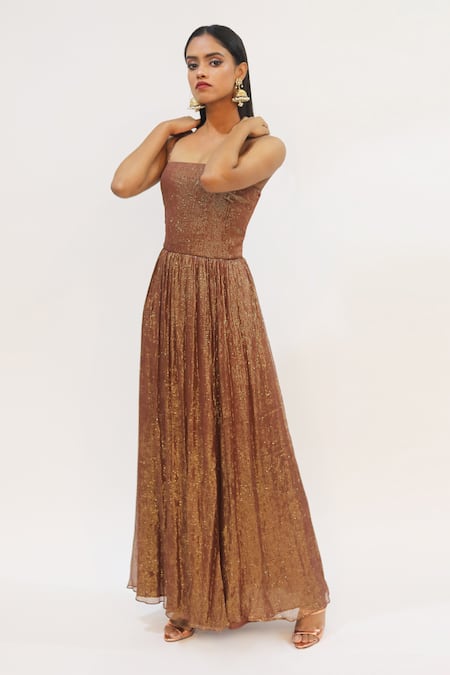 Swatee Singh_Brown Georgette Sequins Square Neck Strappy Sleeve Dress _Online_at_Aza_Fashions