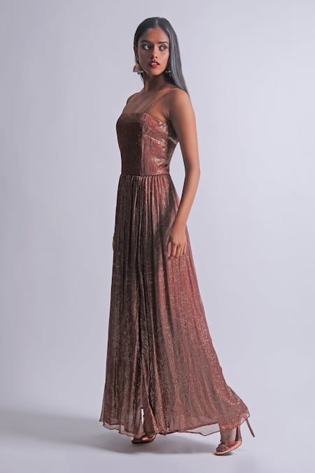 Buy_Swatee Singh_Brown Georgette Sequins Square Neck Strappy Sleeve Dress _Online_at_Aza_Fashions