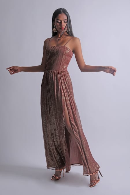 Shop_Swatee Singh_Brown Georgette Sequins Square Neck Strappy Sleeve Dress _Online_at_Aza_Fashions