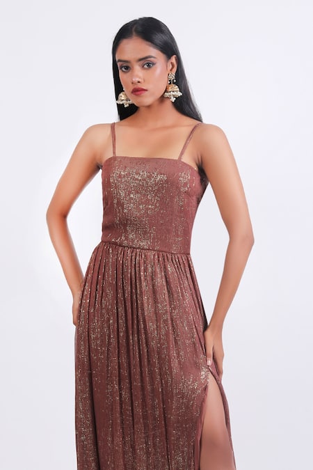Swatee Singh_Brown Georgette Sequins Square Neck Strappy Sleeve Dress _at_Aza_Fashions
