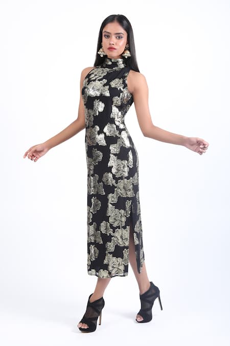 Swatee Singh_Black Georgette Sequins, Embroidery Halter Neck Bodycon Dress _Online_at_Aza_Fashions