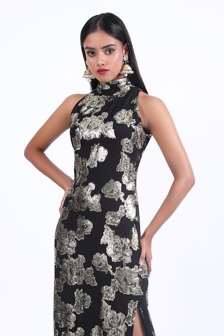 Buy_Swatee Singh_Black Georgette Sequins, Embroidery Halter Neck Bodycon Dress _Online_at_Aza_Fashions