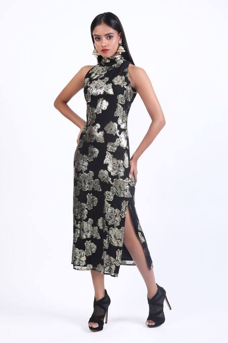 Shop_Swatee Singh_Black Georgette Sequins, Embroidery Halter Neck Bodycon Dress _Online_at_Aza_Fashions