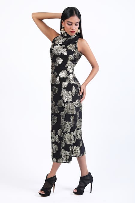 Swatee Singh_Black Georgette Sequins, Embroidery Halter Neck Bodycon Dress _at_Aza_Fashions