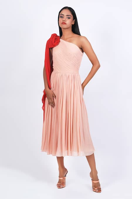 Swatee Singh Pink Georgette One Shoulder Pleated Dress 