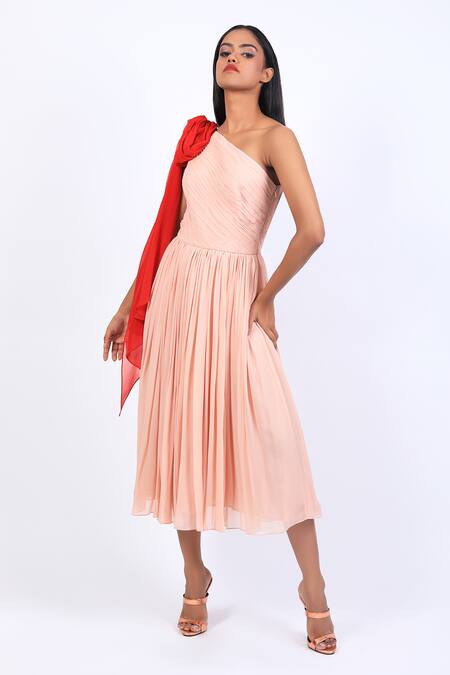 Buy_Swatee Singh_Pink Georgette One Shoulder Pleated Dress _Online_at_Aza_Fashions