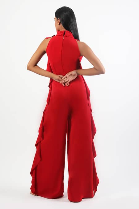 Shop Swatee Singh Red Crepe Halter Neck Side Ruffle Detail Jumpsuit at Aza Fashions Shop_Swatee Singh_Red Crepe Halter Neck Side Ruffle Detail Jumpsuit _at_Aza_Fashions
