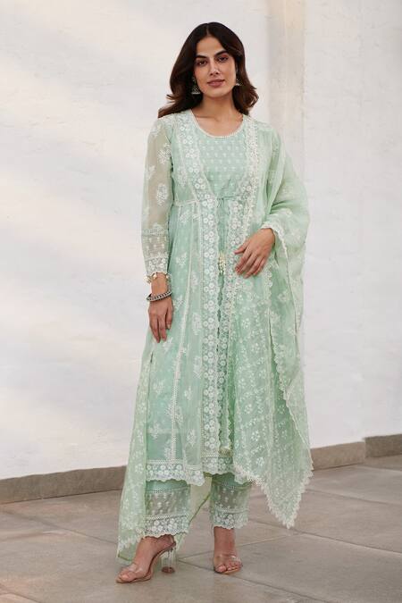 Buy Green 100 Pure Mulmul Embroidered Floral Aberdeen Jacket And Kurta