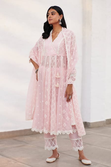 Shop Mulmul Pink 100% Pure Mulmul Embroidered Floral V Morey Angarkha With Pant at Aza Fashions Shop_Mulmul_Pink 100% Pure Mulmul Embroidered Floral V Morey Angarkha With Pant _at_Aza_Fashions