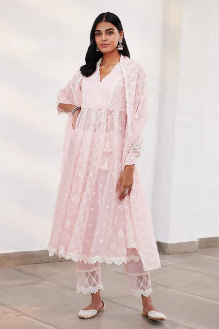 Mulmul Pink 100% Pure Mulmul Embroidered Floral V Morey Angarkha With Pant Online at Aza Fashions Mulmul_Pink 100% Pure Mulmul Embroidered Floral V Morey Angarkha With Pant _Online_at_Aza_Fashions