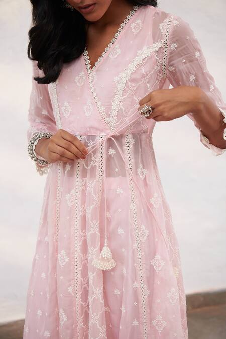 Shop Mulmul Pink 100% Pure Mulmul Embroidered Floral V Morey Angarkha With Pant Online at Aza Fashions Shop_Mulmul_Pink 100% Pure Mulmul Embroidered Floral V Morey Angarkha With Pant _Online_at_Aza_Fashions