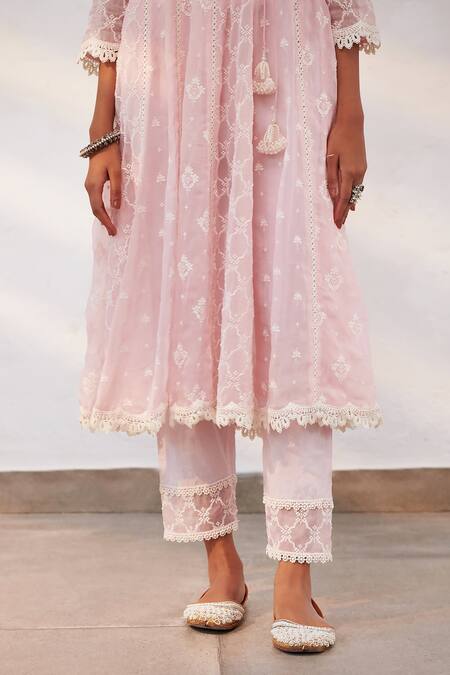 Buy Mulmul Pink 100% Pure Mulmul Embroidered Floral V Morey Angarkha With Pant Buy_Mulmul_Pink 100% Pure Mulmul Embroidered Floral V Morey Angarkha With Pant