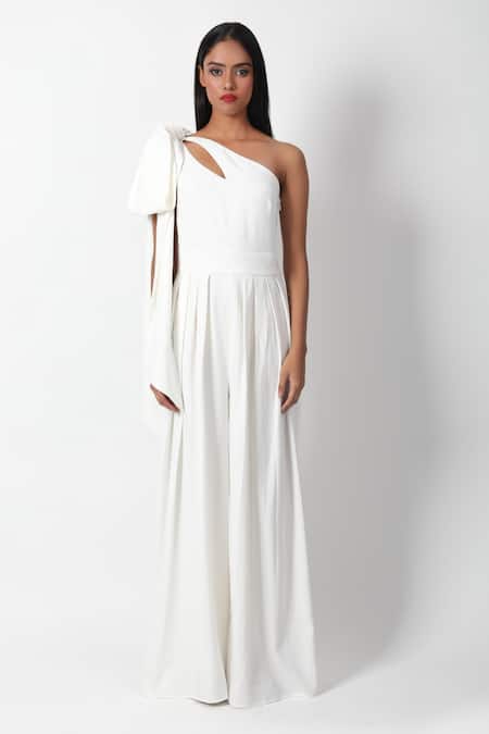 Swatee Singh Ivory Crepe Asymmetric Bow Detail Jumpsuit 