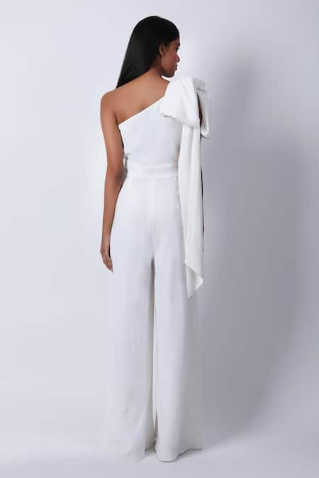 Shop Swatee Singh Ivory Crepe Asymmetric Bow Detail Jumpsuit at Aza Fashions Shop_Swatee Singh_Ivory Crepe Asymmetric Bow Detail Jumpsuit _at_Aza_Fashions