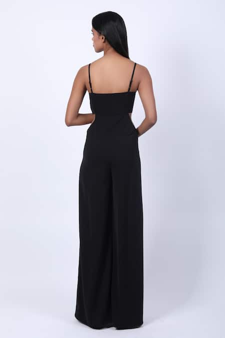 Shop Swatee Singh Black Crepe V-neck Side Cut-out Sleeveless Jumpsuit at Aza Fashions Shop_Swatee Singh_Black Crepe V-neck Side Cut-out Sleeveless Jumpsuit _at_Aza_Fashions