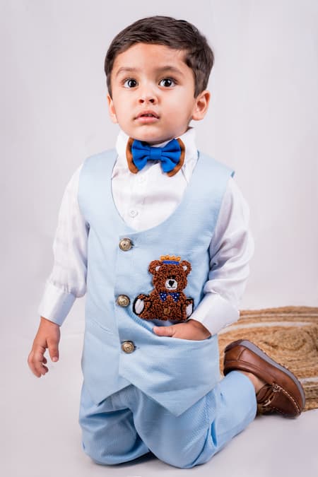 Toplove_White Cotton, Terrycloth, Polyester Embroidery Teddy Bear Waistcoat Set _Online_at_Aza_Fashions