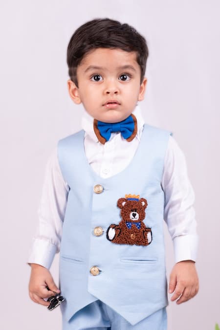 Shop_Toplove_White Cotton, Terrycloth, Polyester Embroidery Teddy Bear Waistcoat Set _Online_at_Aza_Fashions