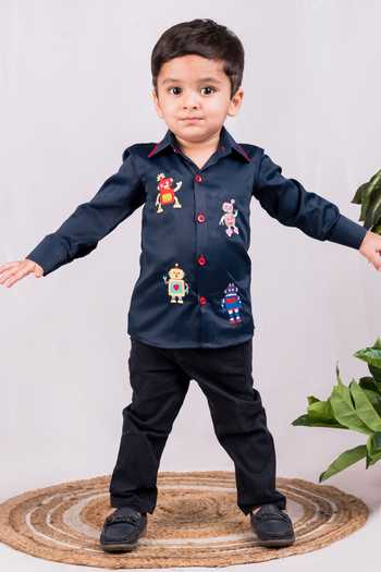 Toplove_Blue Cotton Embroidery Robot Rumble Shirt _Online_at_Aza_Fashions
