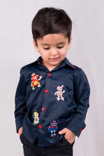 Buy_Toplove_Blue Cotton Embroidery Robot Rumble Shirt _Online_at_Aza_Fashions