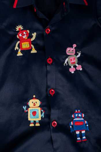 Shop_Toplove_Blue Cotton Embroidery Robot Rumble Shirt _Online_at_Aza_Fashions