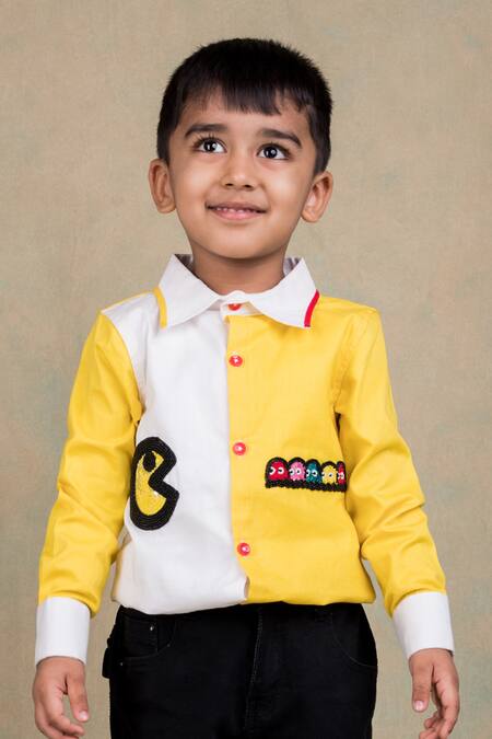 Toplove_White Cotton Beads, Embroidery Pacman Powered Shirt _Online_at_Aza_Fashions
