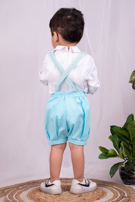 Shop Toplove Blue Cotton Embroidery Rabbit Shirt And Suspender Shorts Set at Aza Fashions Shop_Toplove_Blue Cotton Embroidery Rabbit Shirt And Suspender Shorts Set _at_Aza_Fashions