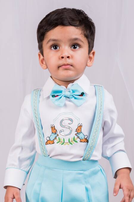 Shop Toplove Blue Cotton Embroidery Rabbit Shirt And Suspender Shorts Set Online at Aza Fashions Shop_Toplove_Blue Cotton Embroidery Rabbit Shirt And Suspender Shorts Set _Online_at_Aza_Fashions