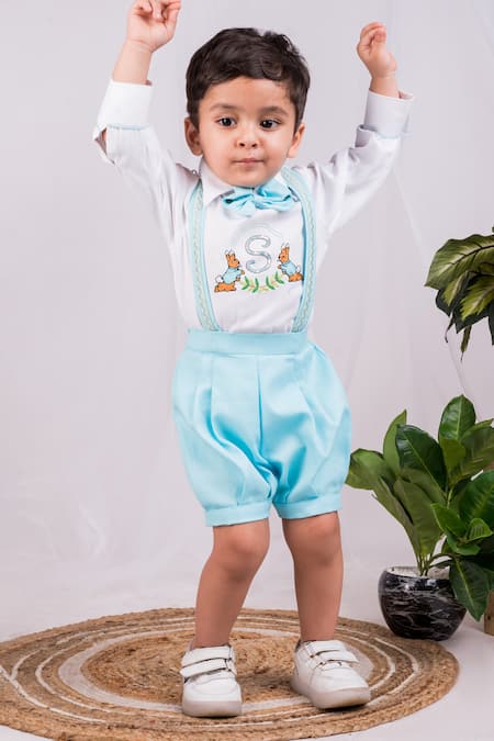 Toplove Blue Cotton Embroidery Rabbit Shirt And Suspender Shorts Set at Aza Fashions Toplove_Blue Cotton Embroidery Rabbit Shirt And Suspender Shorts Set _at_Aza_Fashions