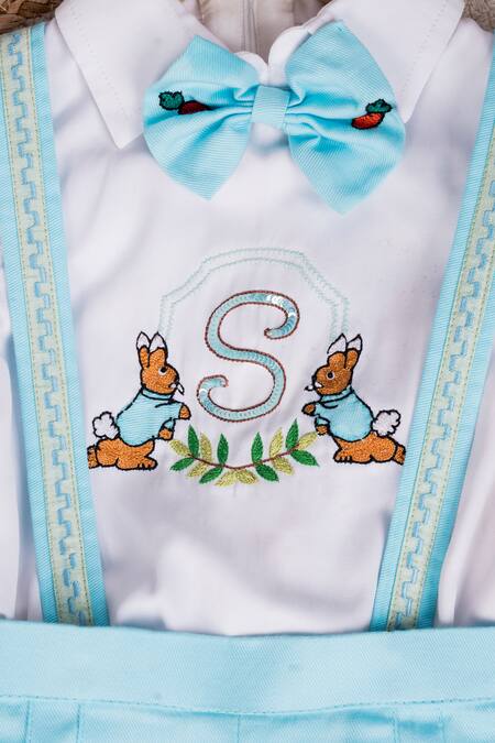 Buy Toplove Blue Cotton Embroidery Rabbit Shirt And Suspender Shorts Set Buy_Toplove_Blue Cotton Embroidery Rabbit Shirt And Suspender Shorts Set