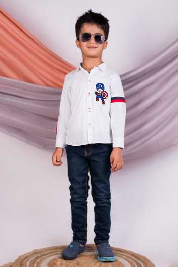 Toplove White Cotton Embroidery Hero Havoc Captain America Shirt Online at Aza Fashions Toplove_White Cotton Embroidery Hero Havoc Captain America Shirt _Online_at_Aza_Fashions