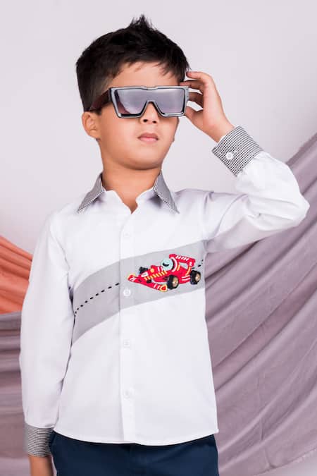 Toplove_White Cotton Embroidery Fast And Furious Formula 1 Shirt _Online_at_Aza_Fashions
