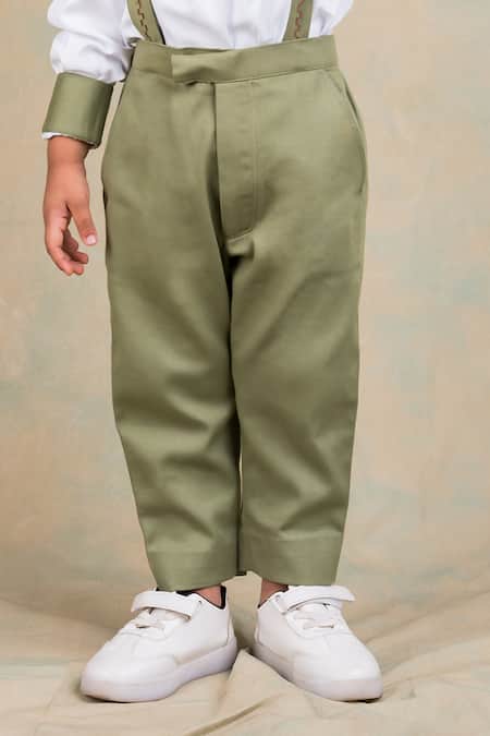 Toplove_Green Cotton Embroidery Wild Safari Shirt And Suspender Pant Set _Online_at_Aza_Fashions