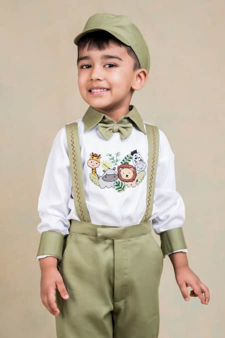 Buy_Toplove_Green Cotton Embroidery Wild Safari Shirt And Suspender Pant Set _Online_at_Aza_Fashions
