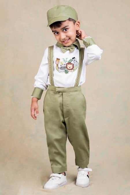Shop_Toplove_Green Cotton Embroidery Wild Safari Shirt And Suspender Pant Set _Online_at_Aza_Fashions
