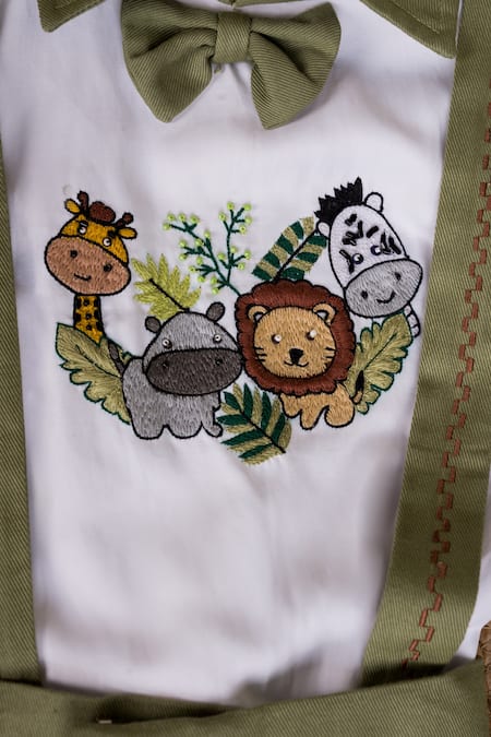 Toplove_Green Cotton Embroidery Wild Safari Shirt And Suspender Pant Set _at_Aza_Fashions