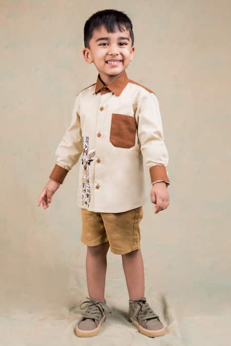 Toplove_Brown Cotton Beads Graceful Gain Giraffe Embroidered Shirt _Online_at_Aza_Fashions