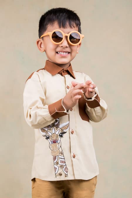 Buy_Toplove_Brown Cotton Beads Graceful Gain Giraffe Embroidered Shirt _Online_at_Aza_Fashions