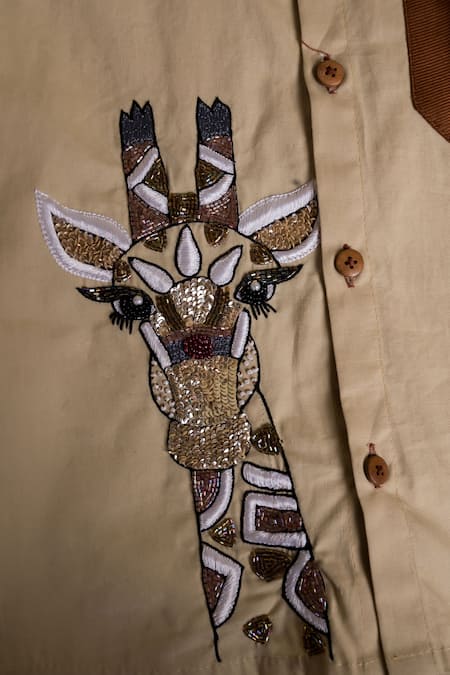 Shop_Toplove_Brown Cotton Beads Graceful Gain Giraffe Embroidered Shirt _Online_at_Aza_Fashions